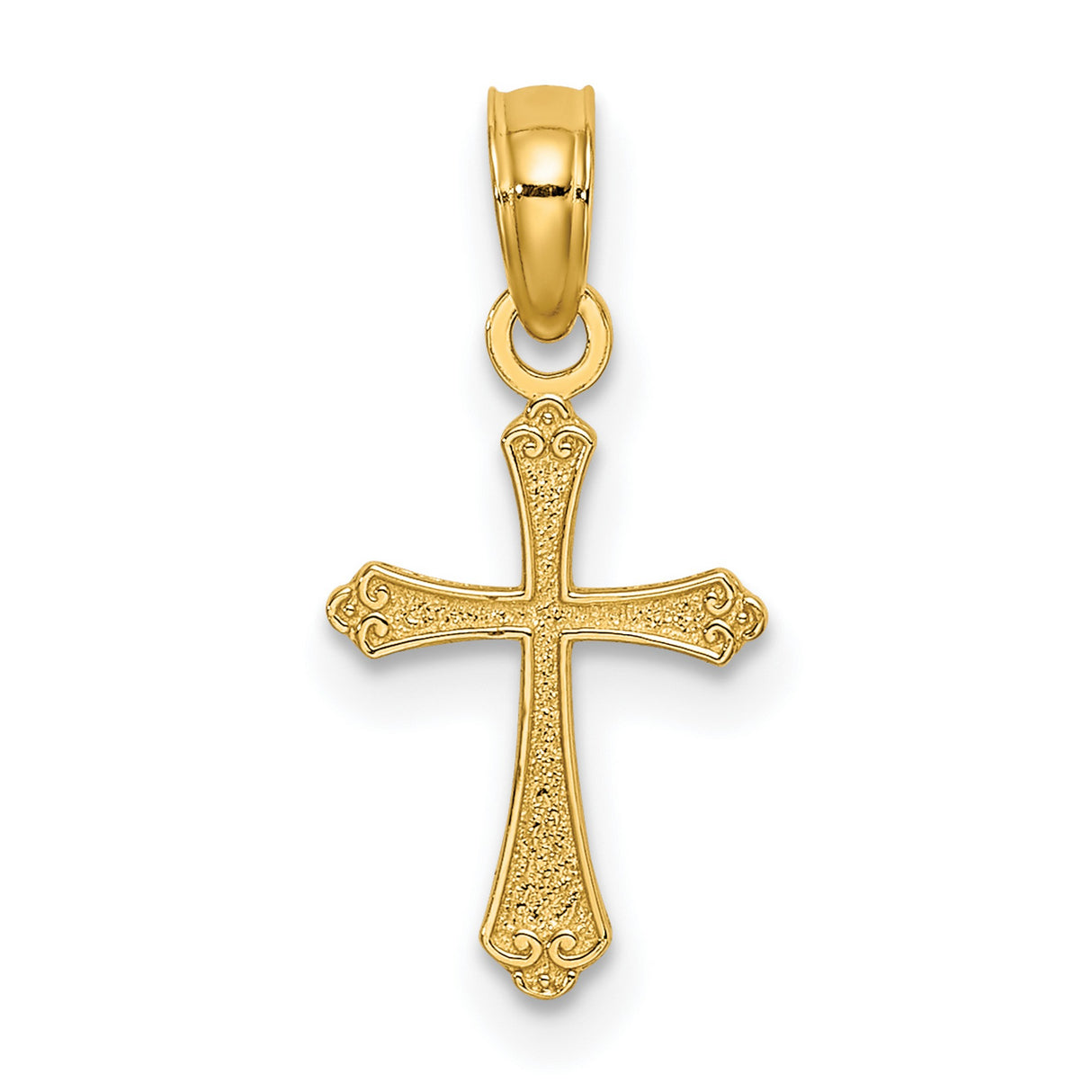 14k Yellow Gold Cross Pendant with Textured Scroll Detail and Curved Bail for Men and Women
