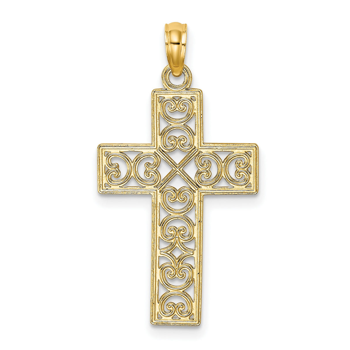 14k Yellow Gold Cross Pendant with Scroll Design, Unisex Religious Charm