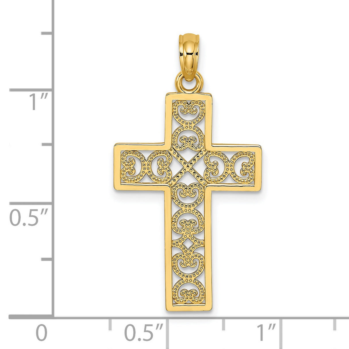14k Yellow Gold Cross Pendant with Scroll Design, Unisex Religious Charm