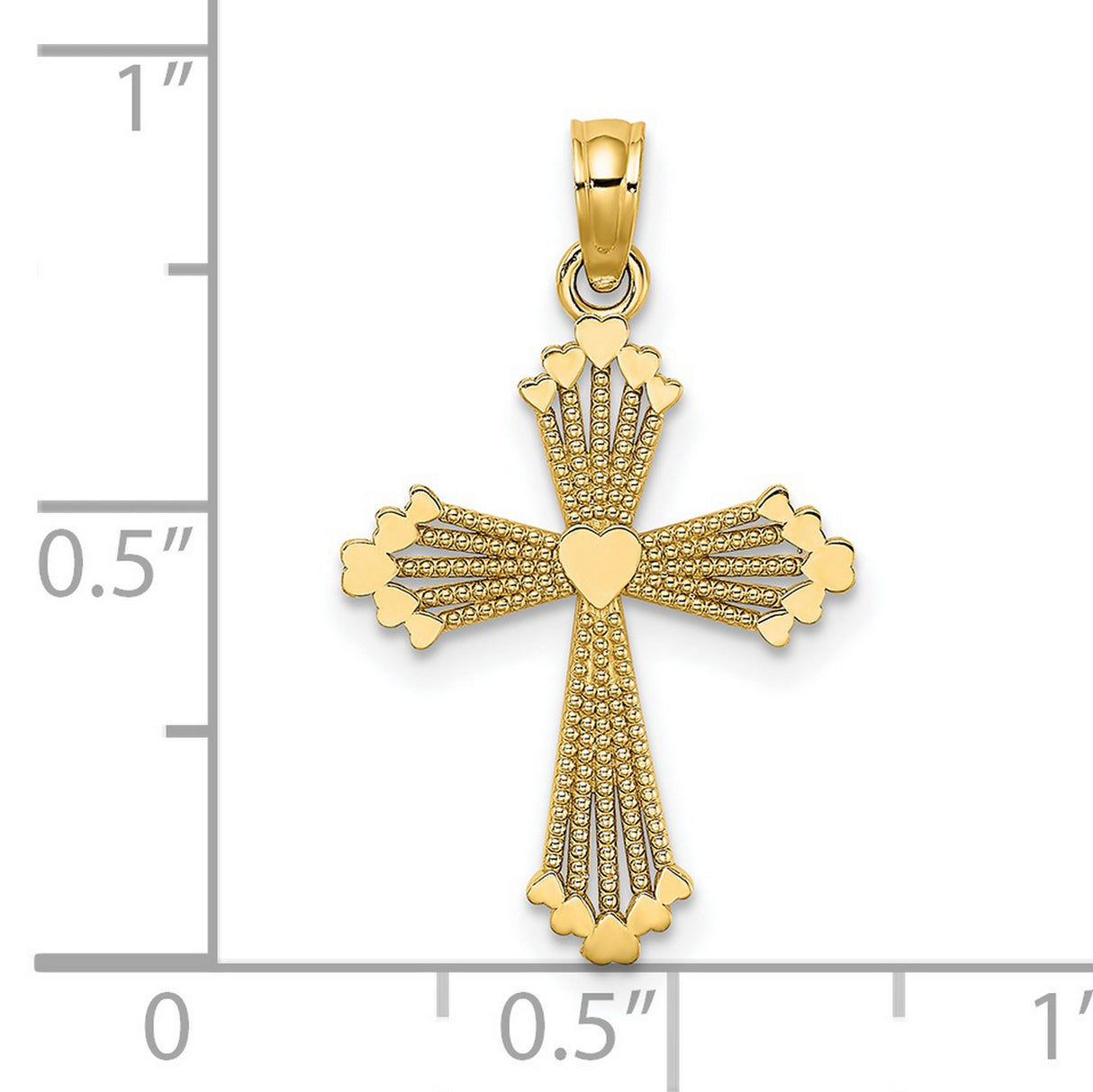 14k Yellow Gold Cross Pendant with Heart Accent and Beaded Design