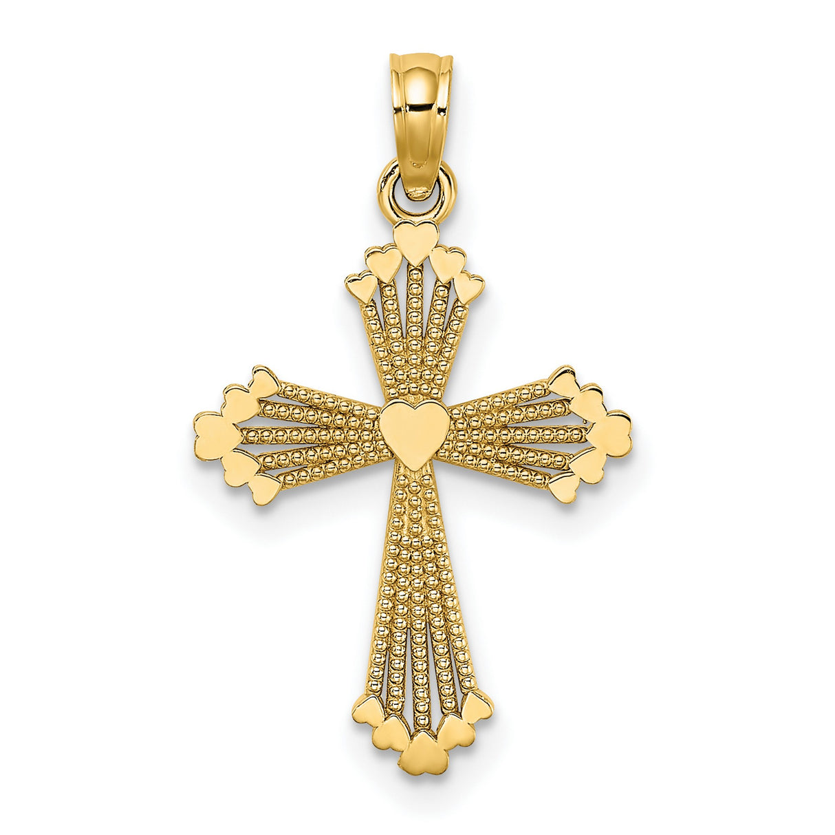 14k Yellow Gold Cross Pendant with Heart Accent and Beaded Design