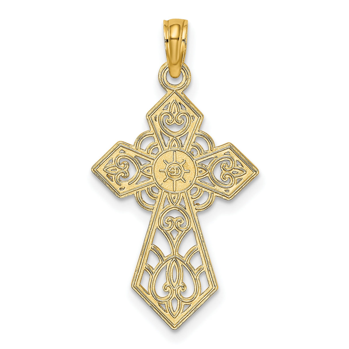 14k Yellow Gold Cross Pendant with Lace and Scroll Design, Antique Finish