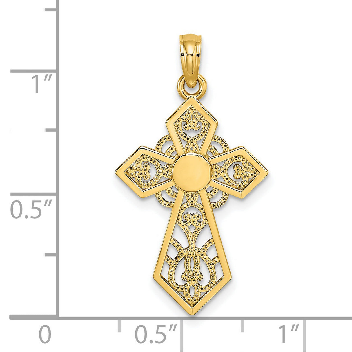 14k Yellow Gold Cross Pendant with Lace and Scroll Design, Antique Finish