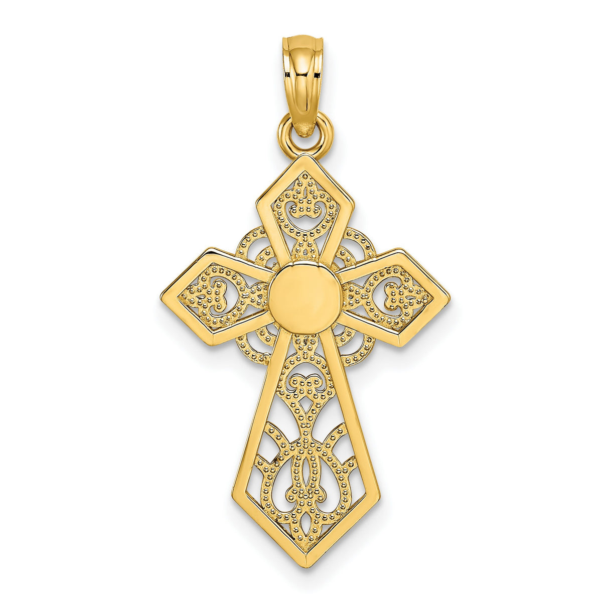 14k Yellow Gold Cross Pendant with Lace and Scroll Design, Antique Finish