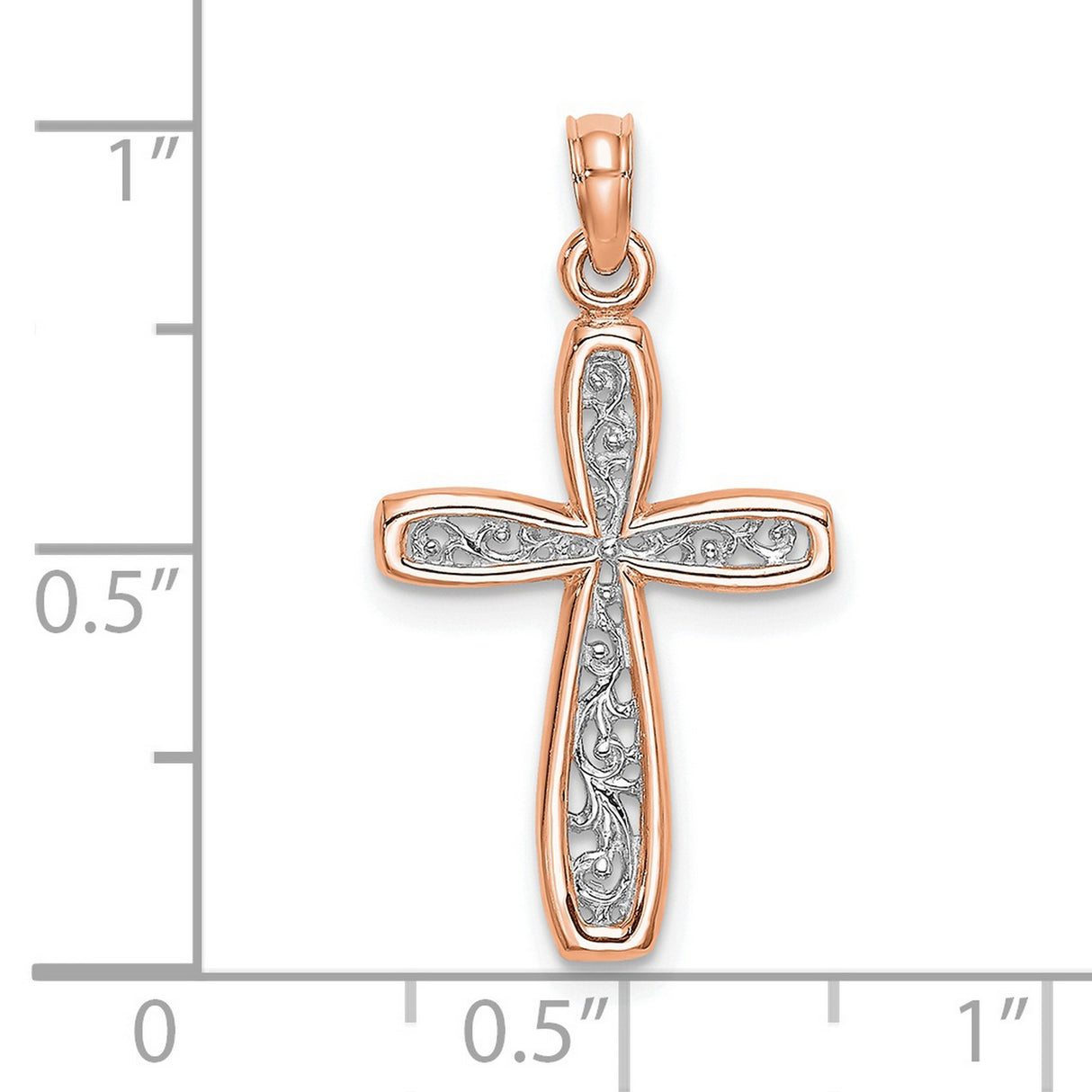 14k Rose Gold Cross Pendant with White Gold Filigree Detailing, Christian Religious Jewelry for Women