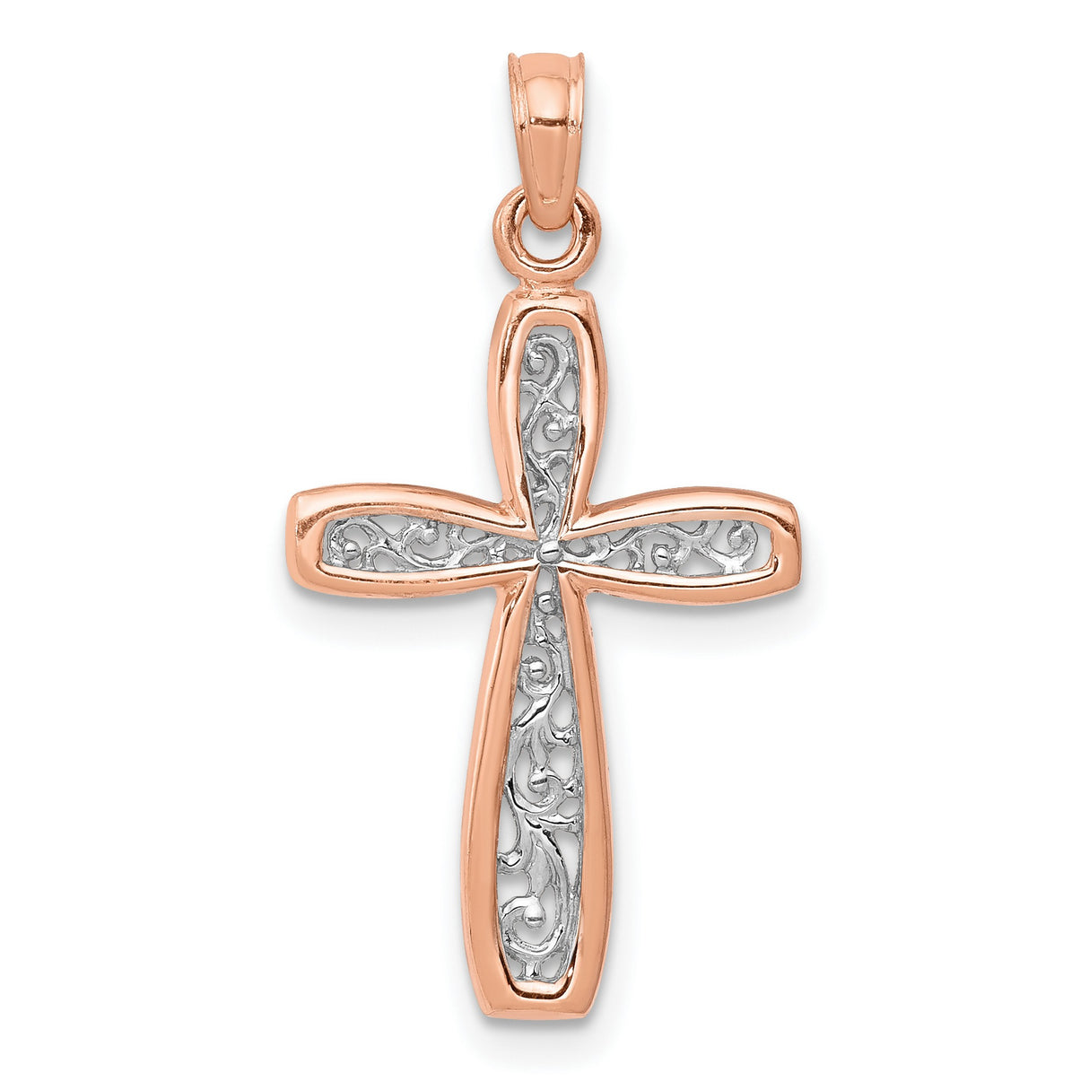 14k Rose Gold Cross Pendant with White Gold Filigree Detailing, Christian Religious Jewelry for Women
