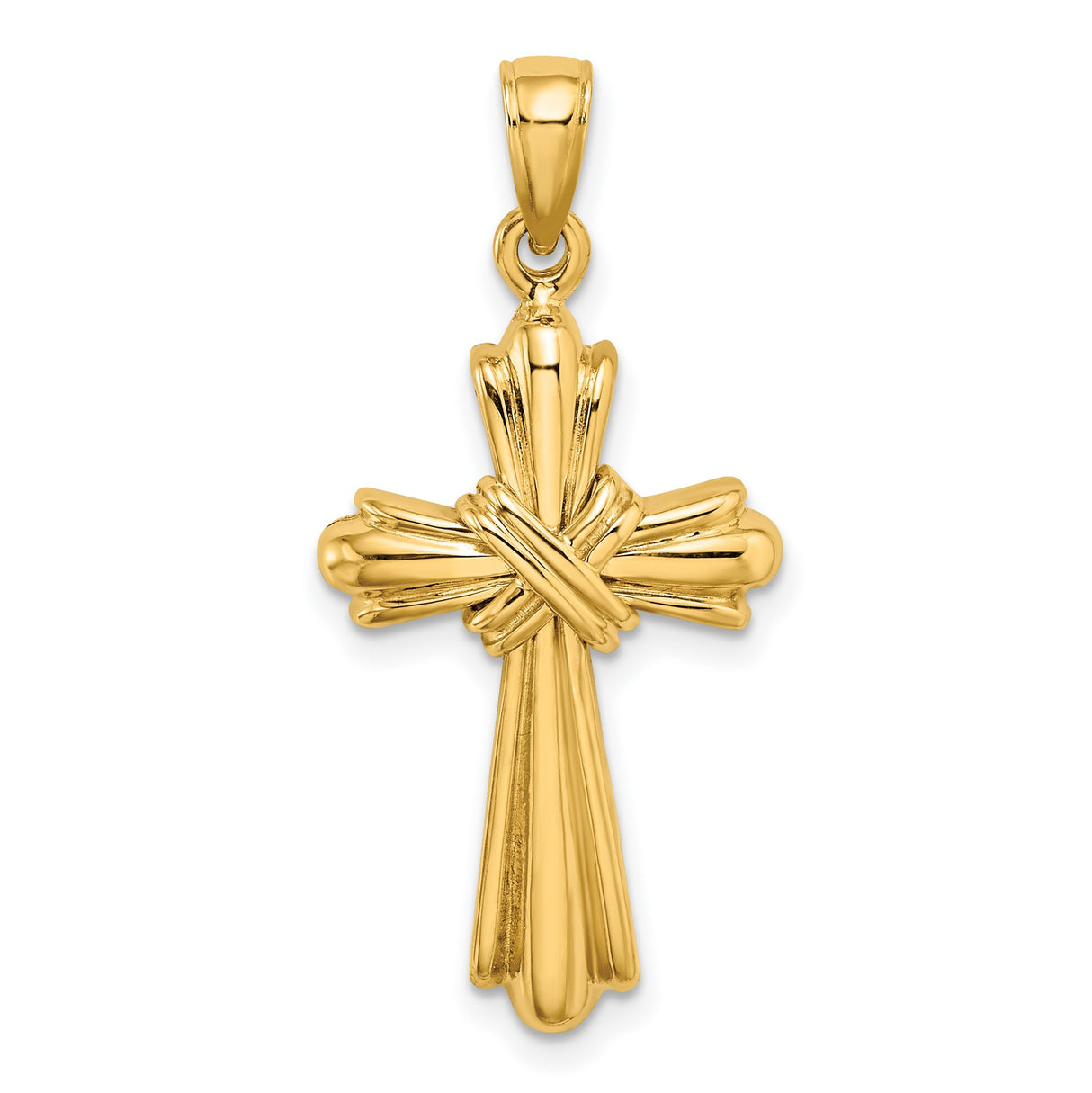 14k Yellow Gold Cross Pendant with Woven Knot Design, Textured Religious Charm for Men and Women