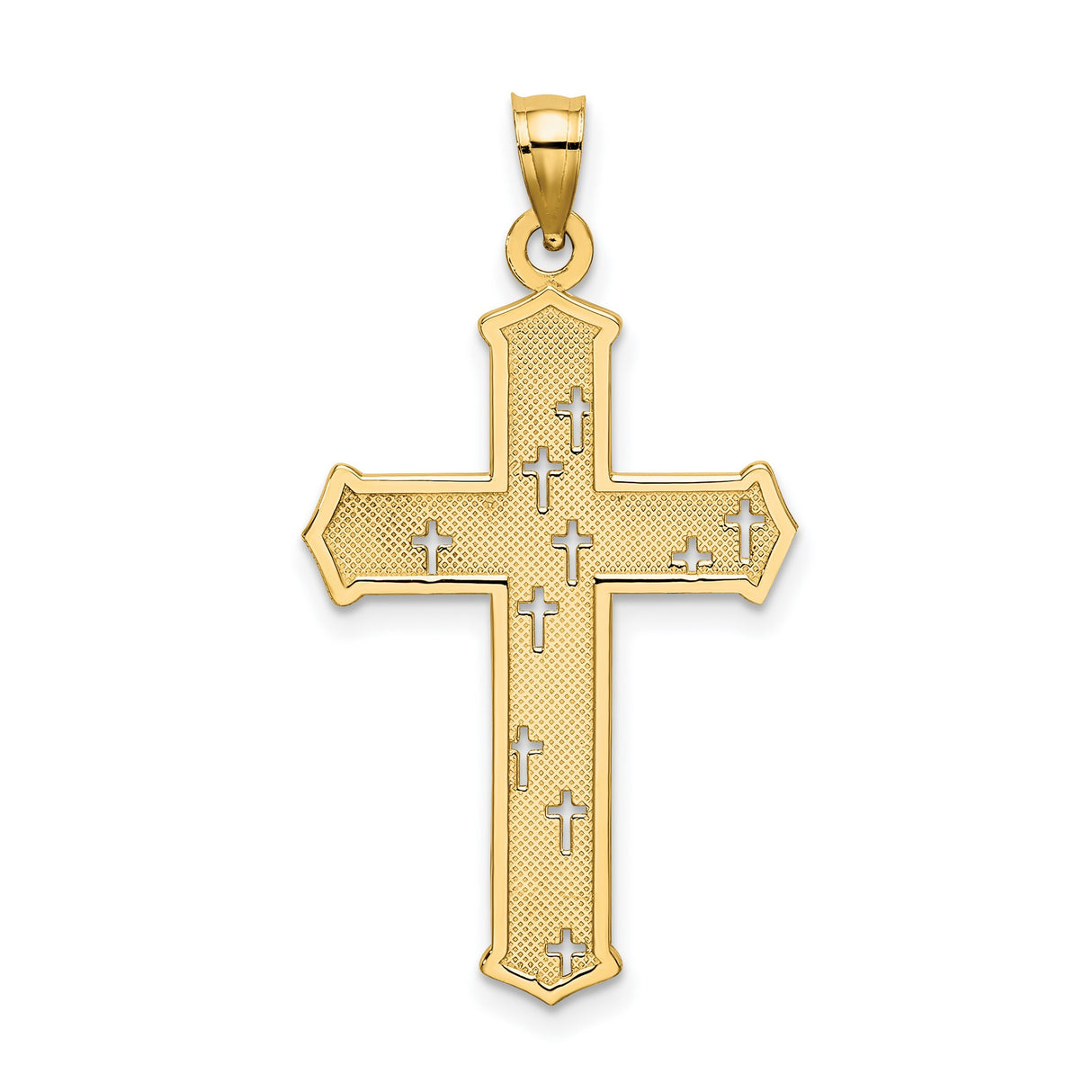 14k Yellow Gold Cross Pendant with Dual Tone Carved Texture Design for Men and Women