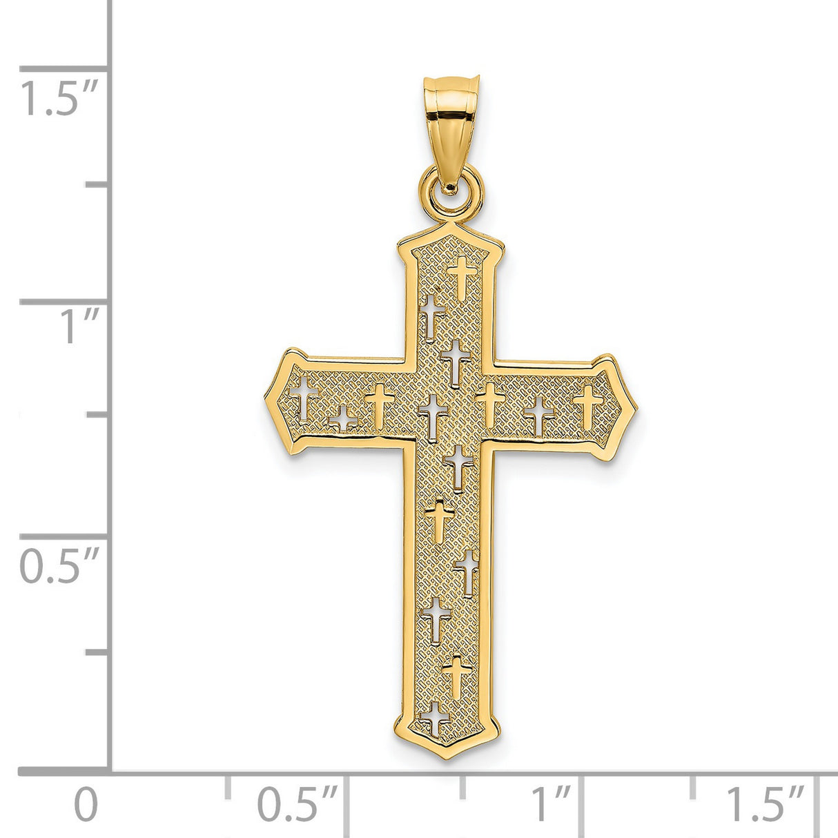 14k Yellow Gold Cross Pendant with Dual Tone Carved Texture Design for Men and Women