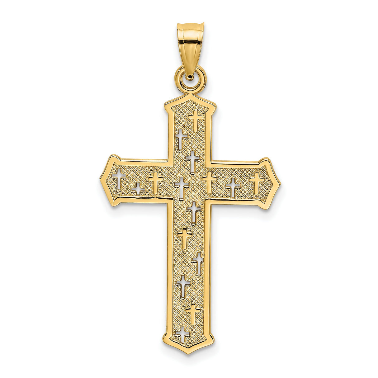 14k Yellow Gold Cross Pendant with Dual Tone Carved Texture Design for Men and Women