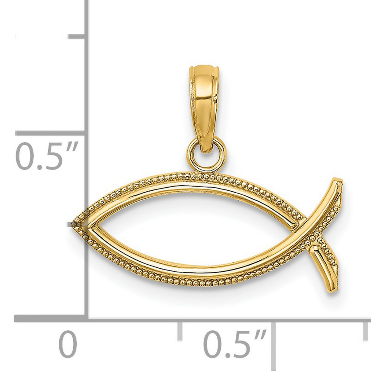 14k Yellow Gold Ichthys Pendant, Open Christian Fish Symbol with Beaded Detail for Women