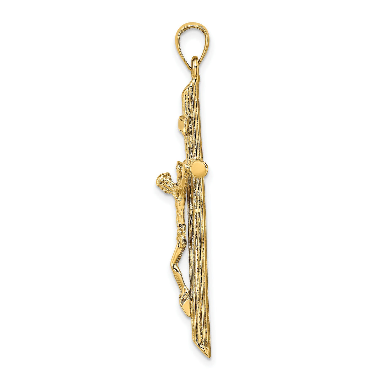 14k Yellow Gold Crucifix Cross Pendant with Textured Bark Finish and Polished Edge Design