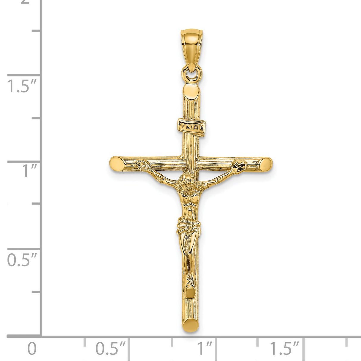 14k Yellow Gold Crucifix Pendant Featuring Jesus on Textured INRI Cross for Men and Women