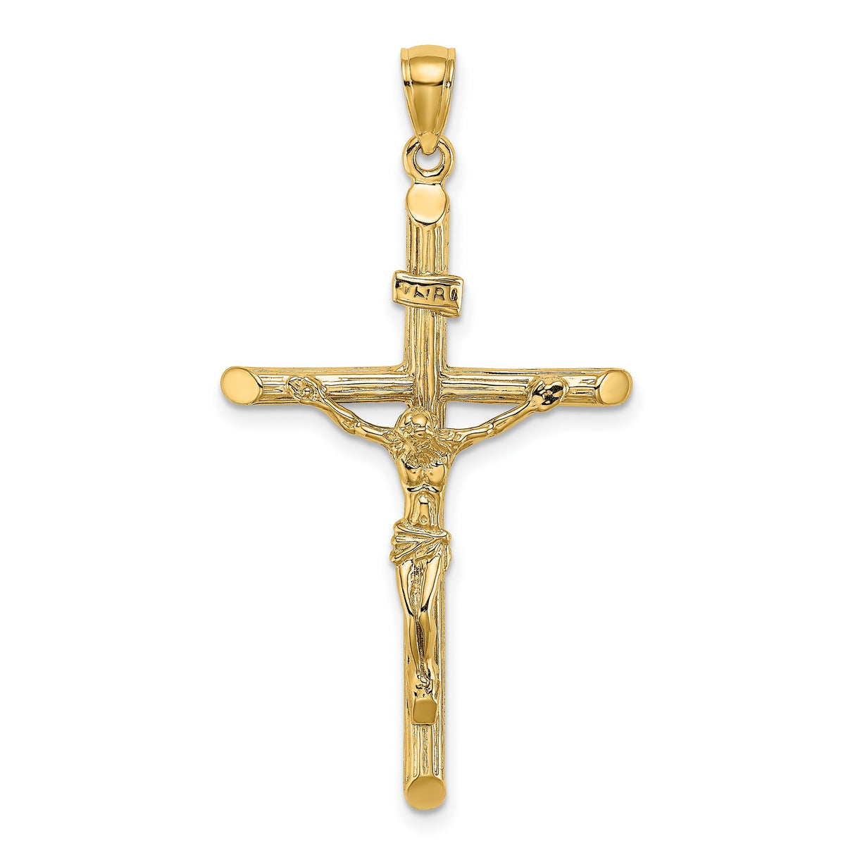 14k Yellow Gold Crucifix Pendant Featuring Jesus on Textured INRI Cross for Men and Women