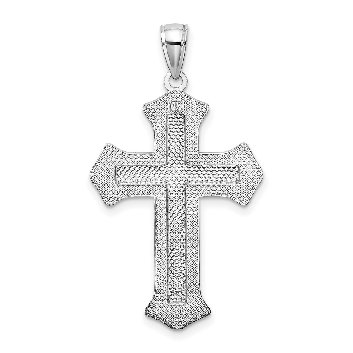 14k White Gold Cross Pendant with Filigree Floral Motif and Block Center Design