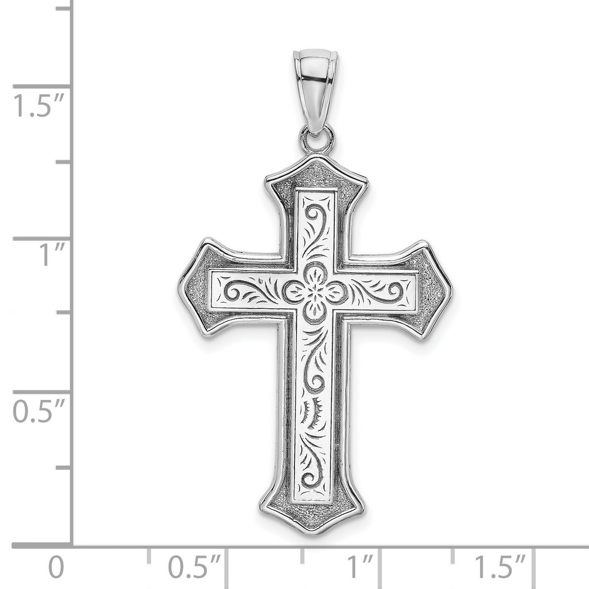 14k White Gold Cross Pendant with Filigree Floral Motif and Block Center Design