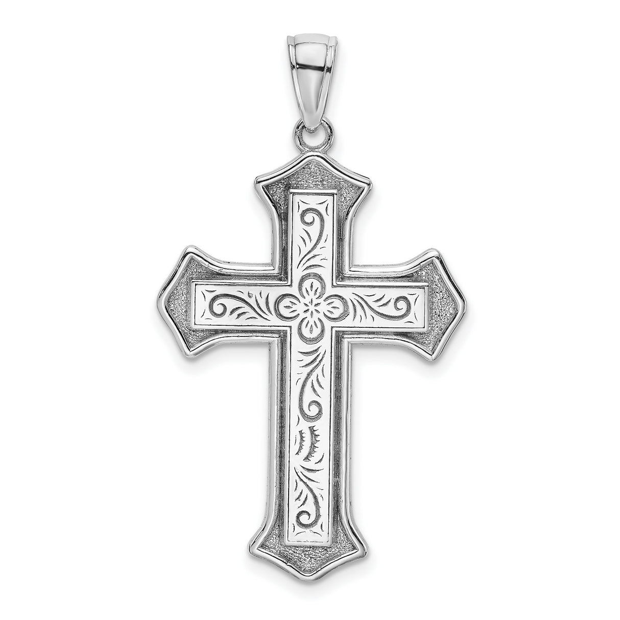 14k White Gold Cross Pendant with Filigree Floral Motif and Block Center Design