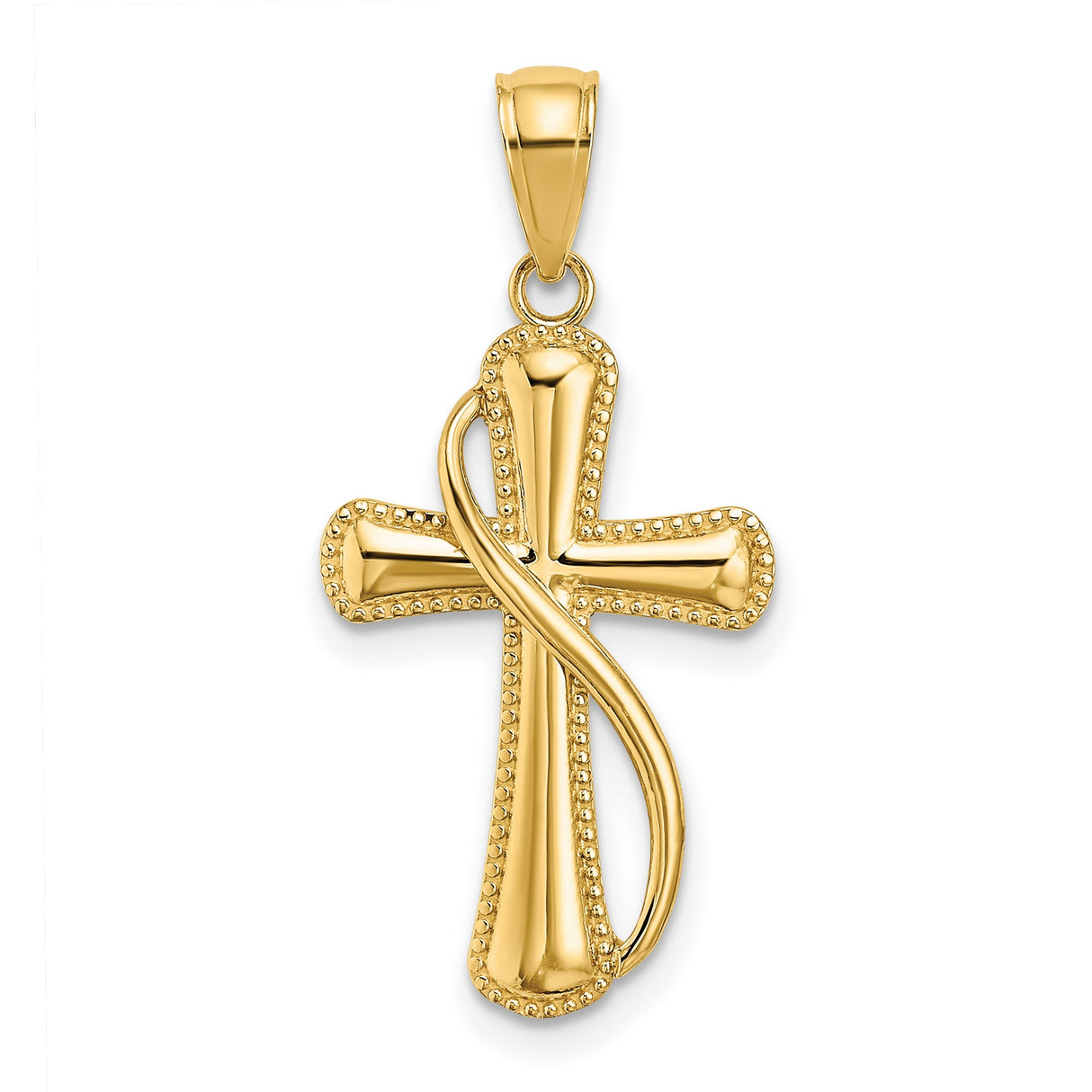 14k Yellow Gold Cross Pendant with Beaded Edge and High Polish Finish, Unisex Religious Charm