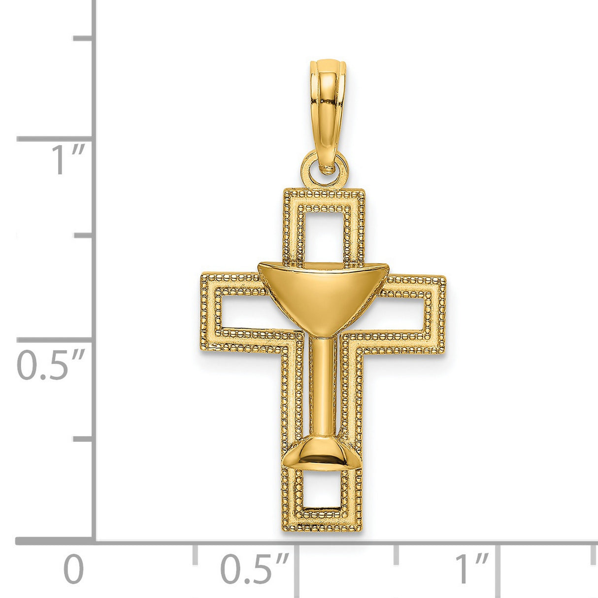 14k Yellow Gold Cross Pendant with Chalice Detail, Polished Religious Charm for Men and Women