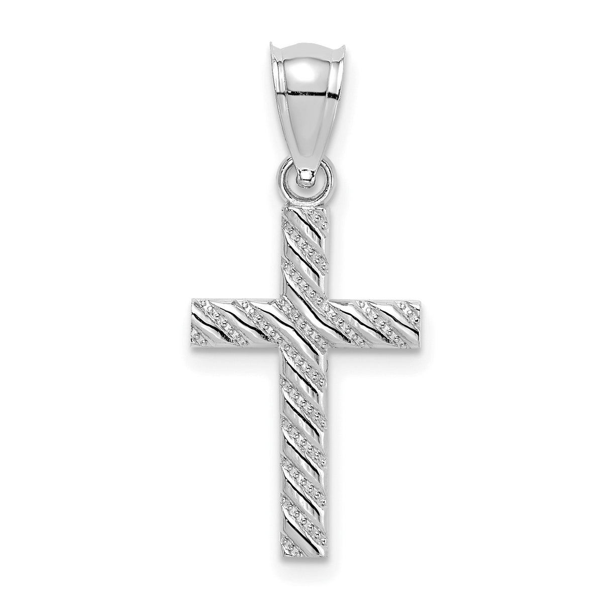 14k White Gold Cross Pendant with Polished Beaded Detailing and Sleek Diagonal Design