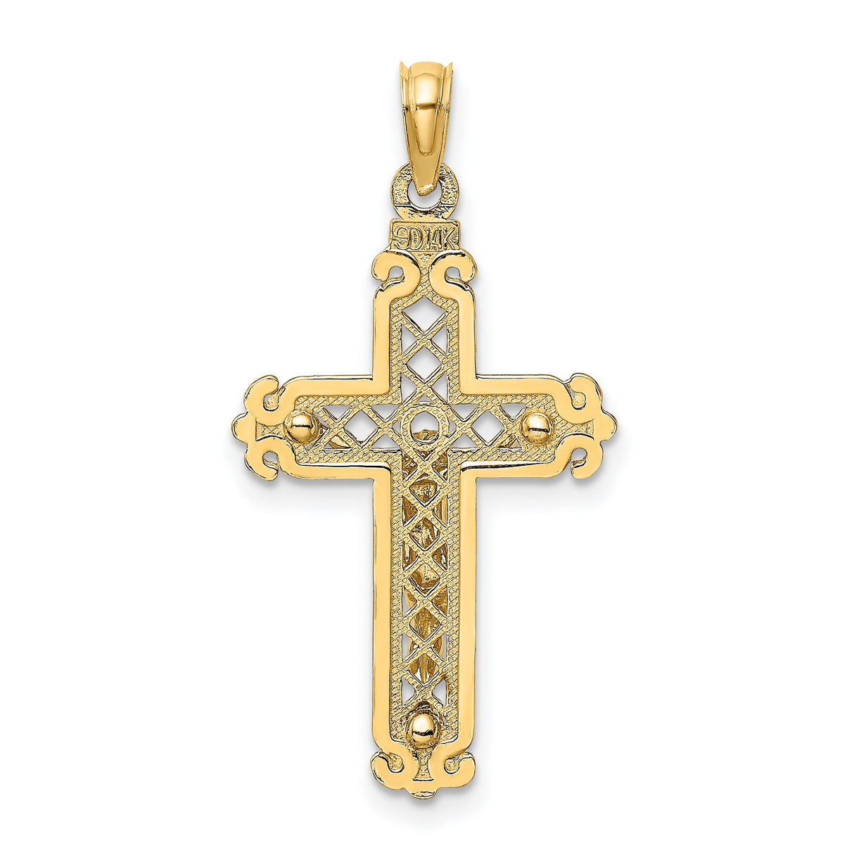 14k Yellow Gold Crucifix Pendant with Jesus on Cross and Baroque Design