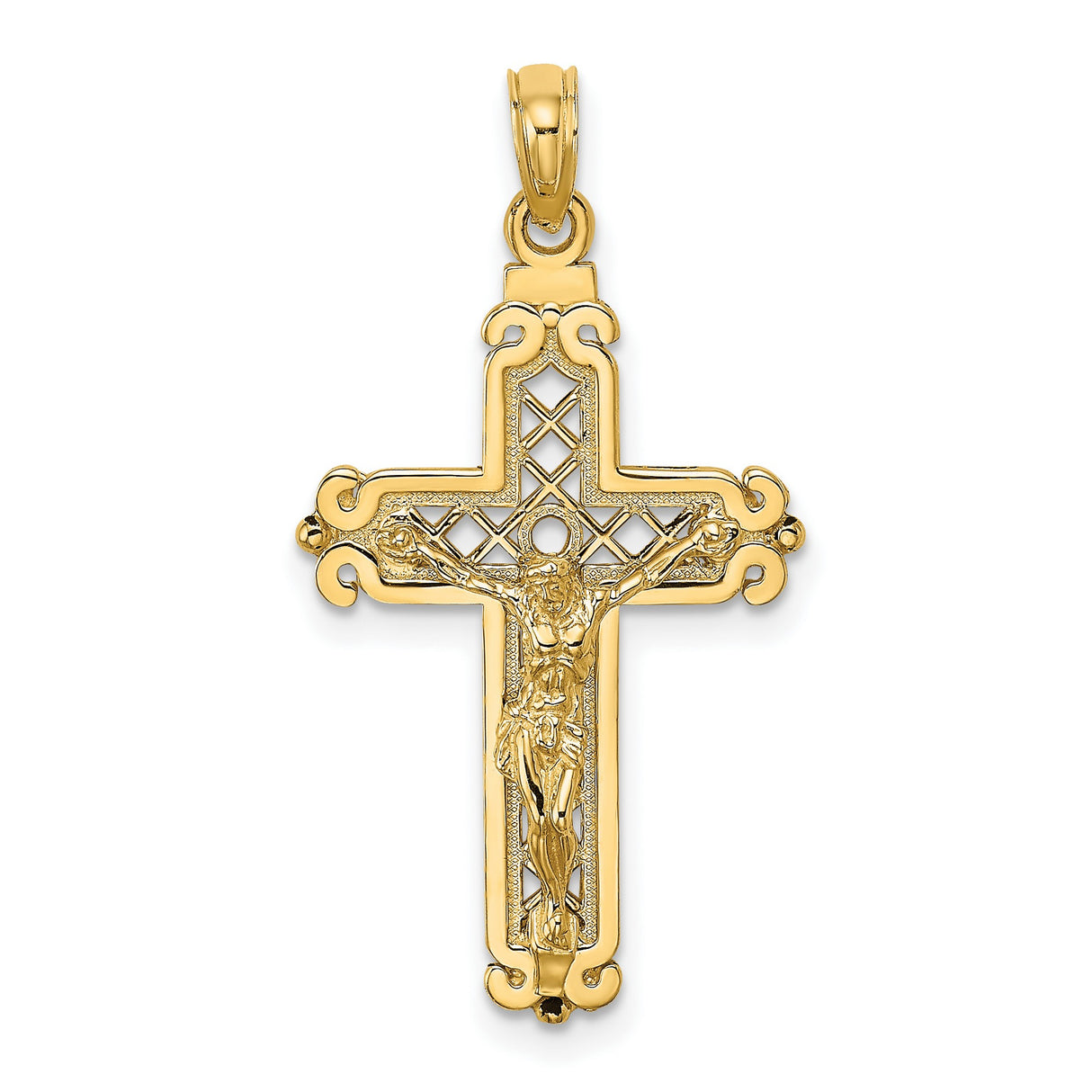 14k Yellow Gold Crucifix Pendant with Jesus on Cross and Baroque Design