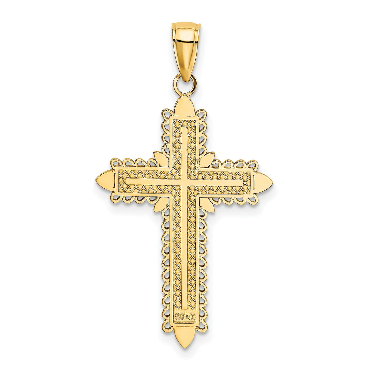 14k Yellow Gold Cross Pendant with Satin Finish, Beaded Edge, Leaf Detail, Textured Design