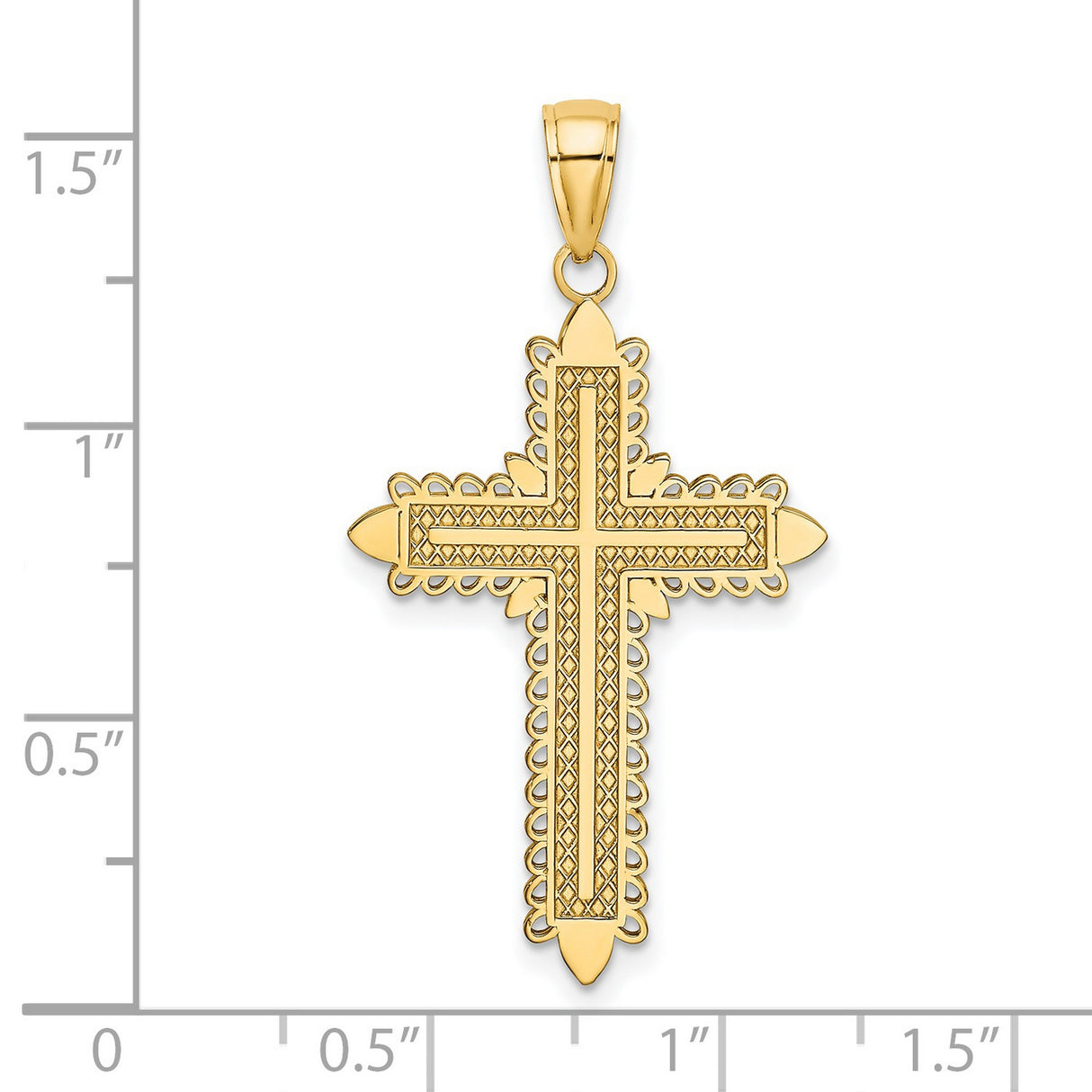 14k Yellow Gold Cross Pendant with Satin Finish, Beaded Edge, Leaf Detail, Textured Design