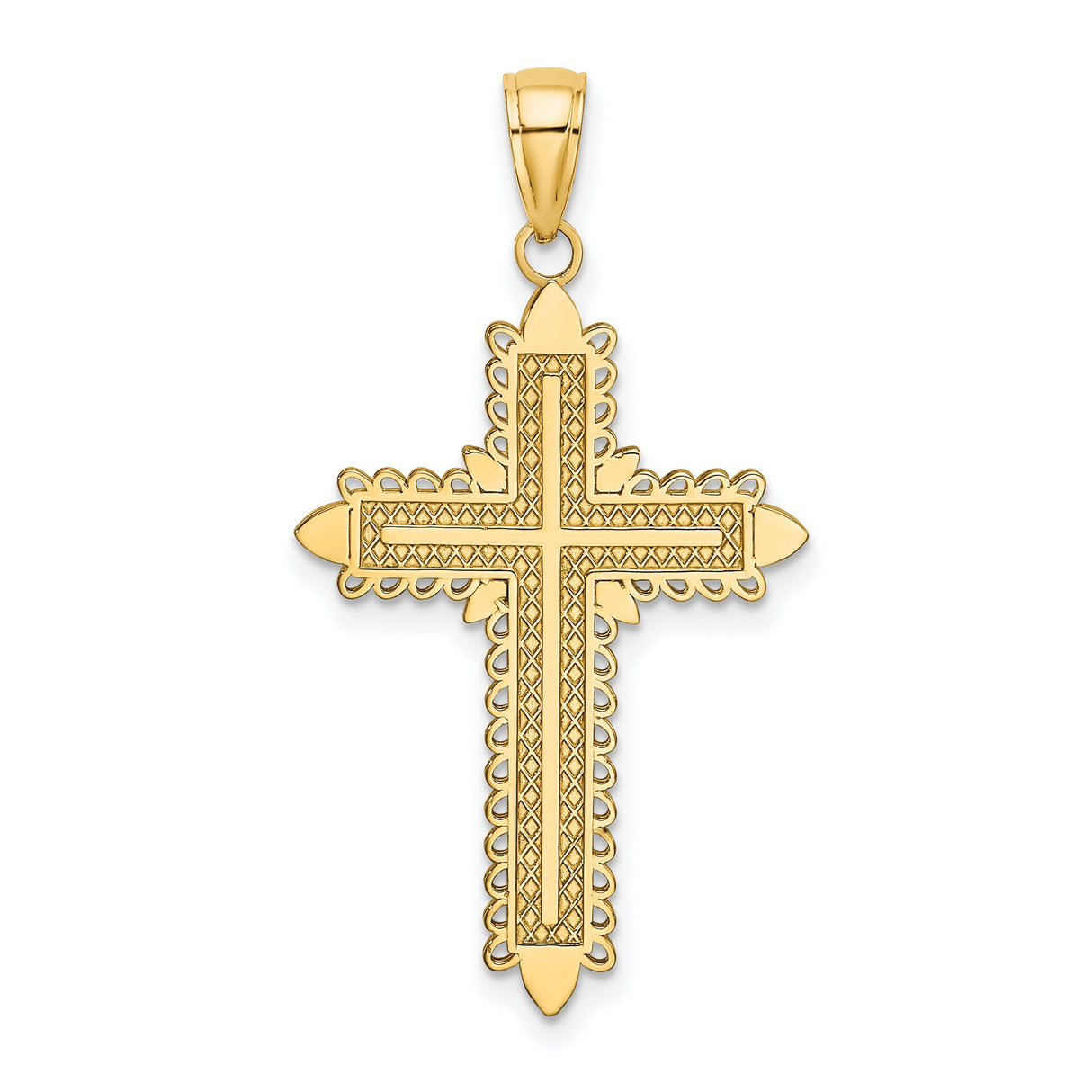14k Yellow Gold Cross Pendant with Satin Finish, Beaded Edge, Leaf Detail, Textured Design
