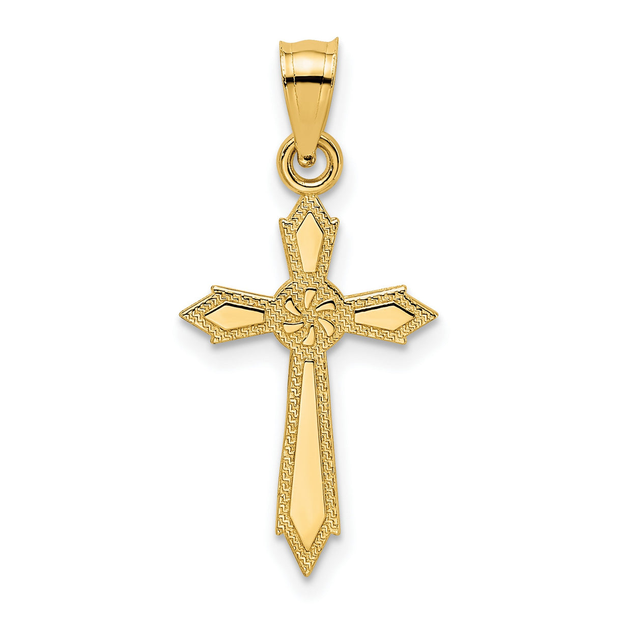 14k Yellow Gold Cross Pendant, Textured Edge Religious Charm for Men and Women