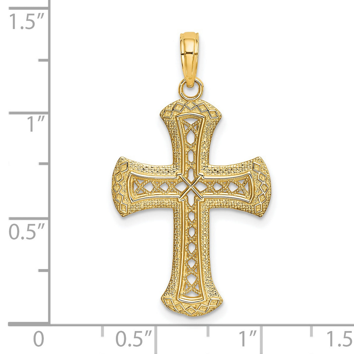 14k Yellow Gold Cross Pendant with Textured Cut-Out Design, Polished Christian Jewelry