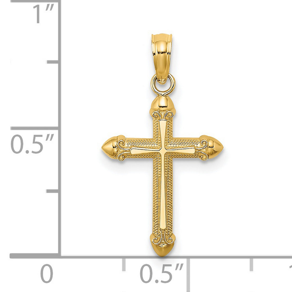 14k Yellow Gold Cross Pendant with Scroll Design, Cathedral Style Religious Jewelry