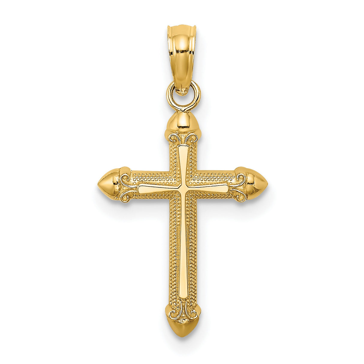 14k Yellow Gold Cross Pendant with Scroll Design, Cathedral Style Religious Jewelry