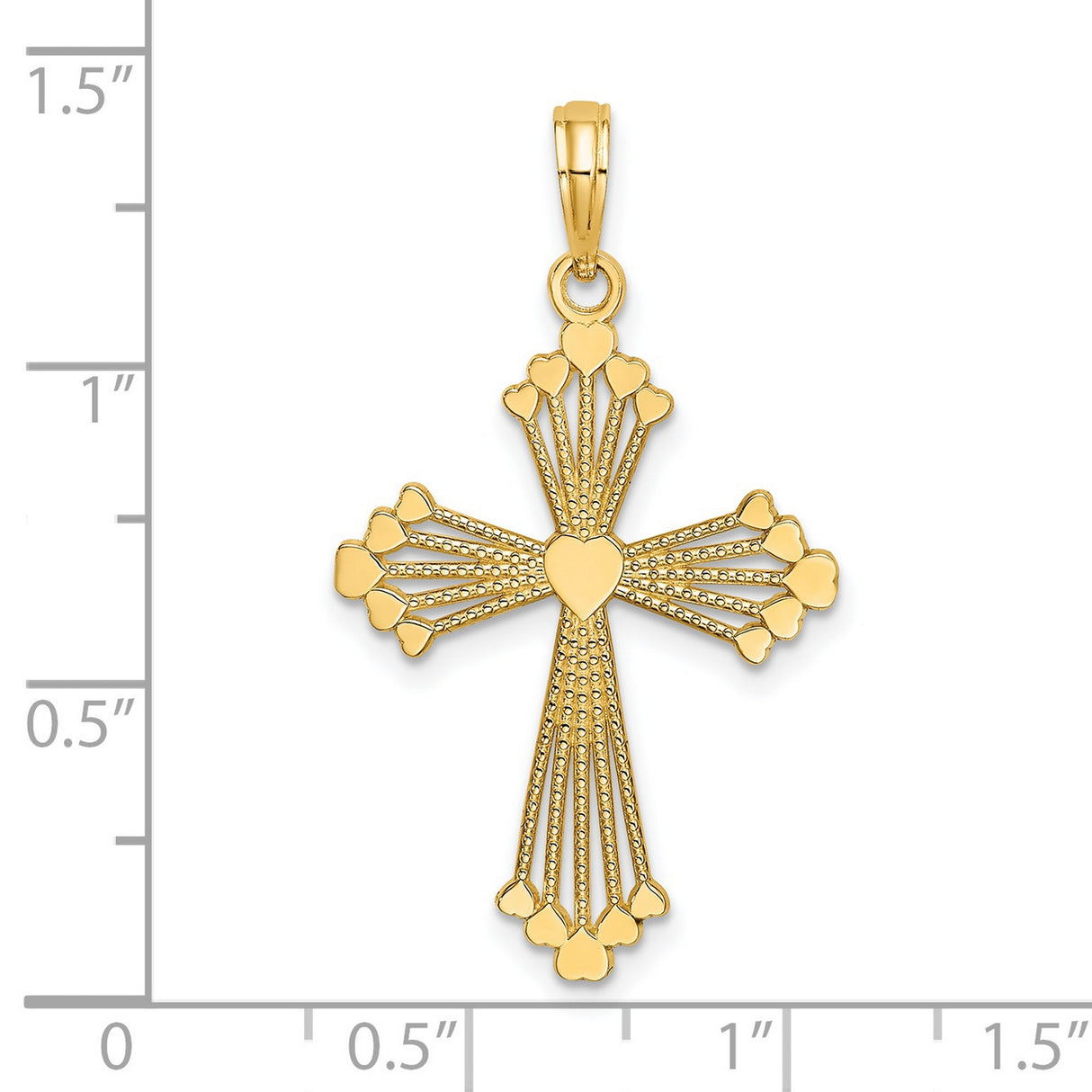 14k Yellow Gold Cross Pendant with Heart Center, Mirror Finish, and Beaded Accents