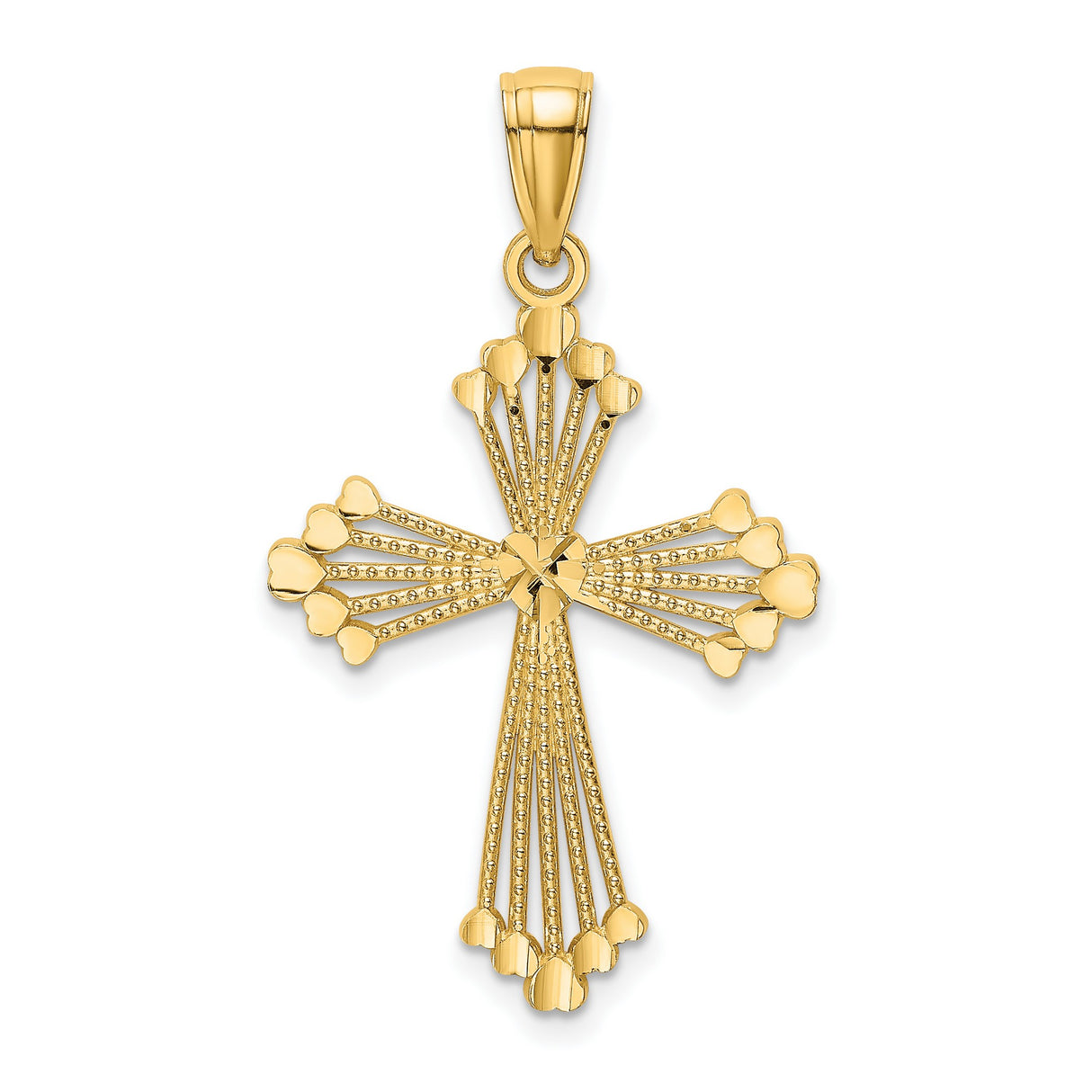 14k Yellow Gold Cross Pendant with Beaded Accents and Heart Center Design for Men and Women