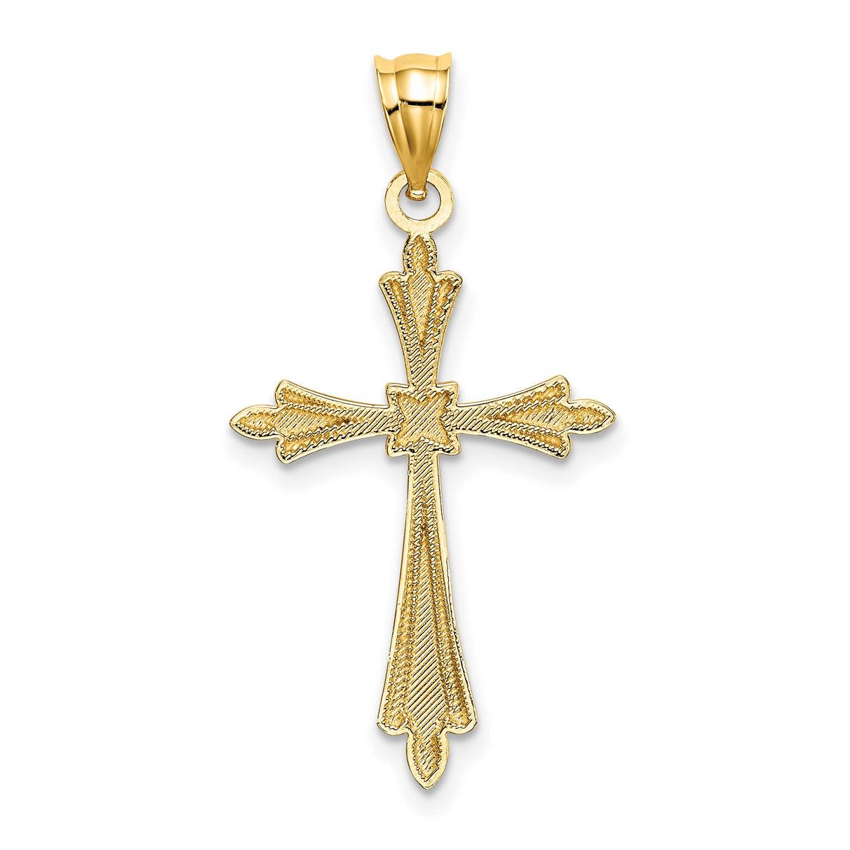 14k Yellow Gold Cross Pendant with Fleur-de-Lis Design, Textured and Polished Religious Symbol