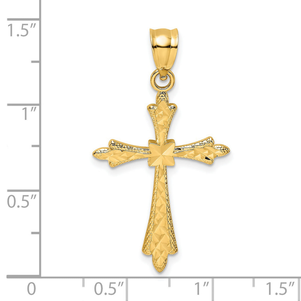 14k Yellow Gold Cross Pendant with Fleur-de-Lis Design, Textured and Polished Religious Symbol