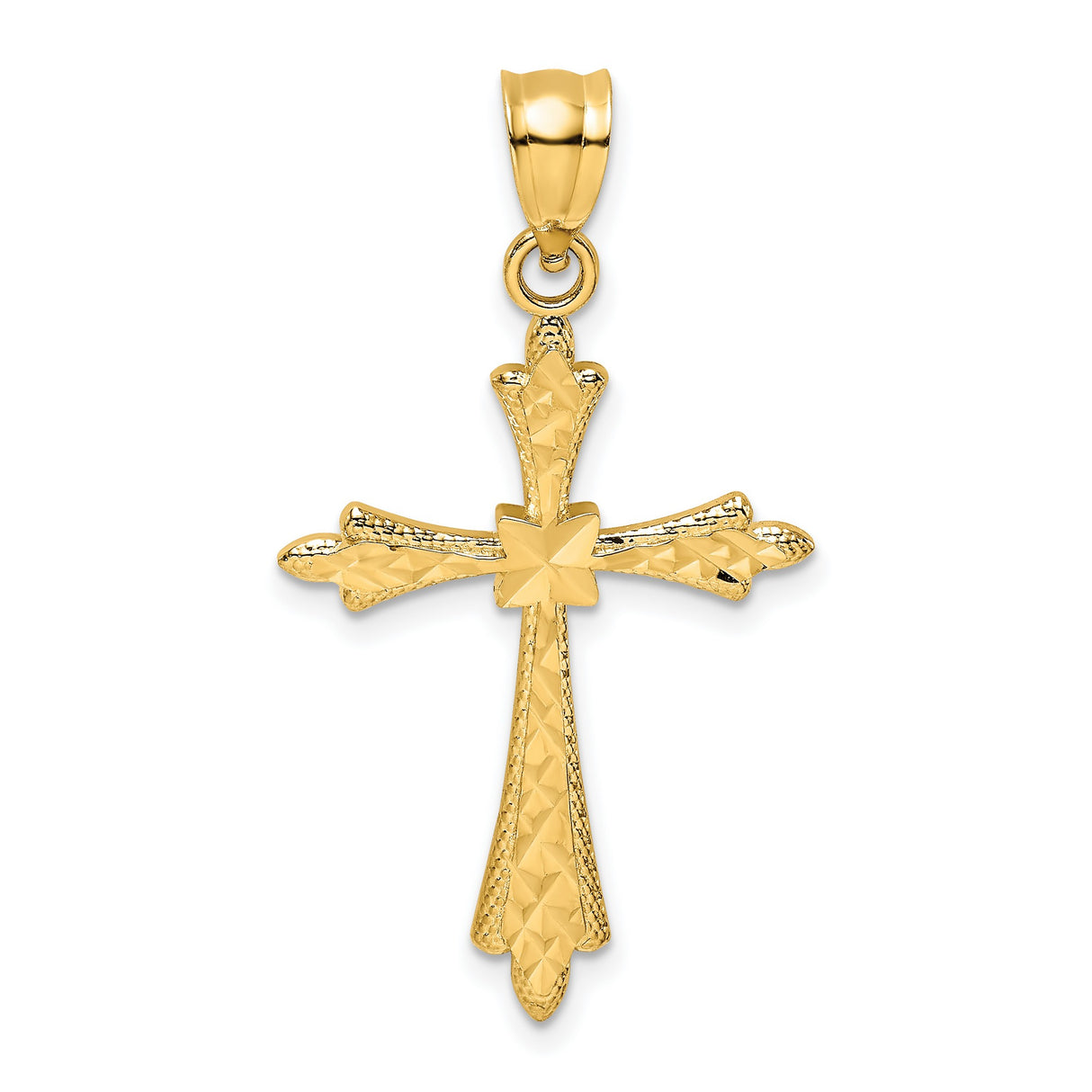 14k Yellow Gold Cross Pendant with Fleur-de-Lis Design, Textured and Polished Religious Symbol