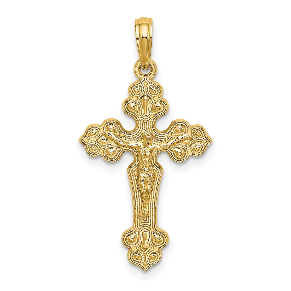 14k Yellow Gold Crucifix Cross Pendant, High Polish Byzantine Style Christian Jewelry