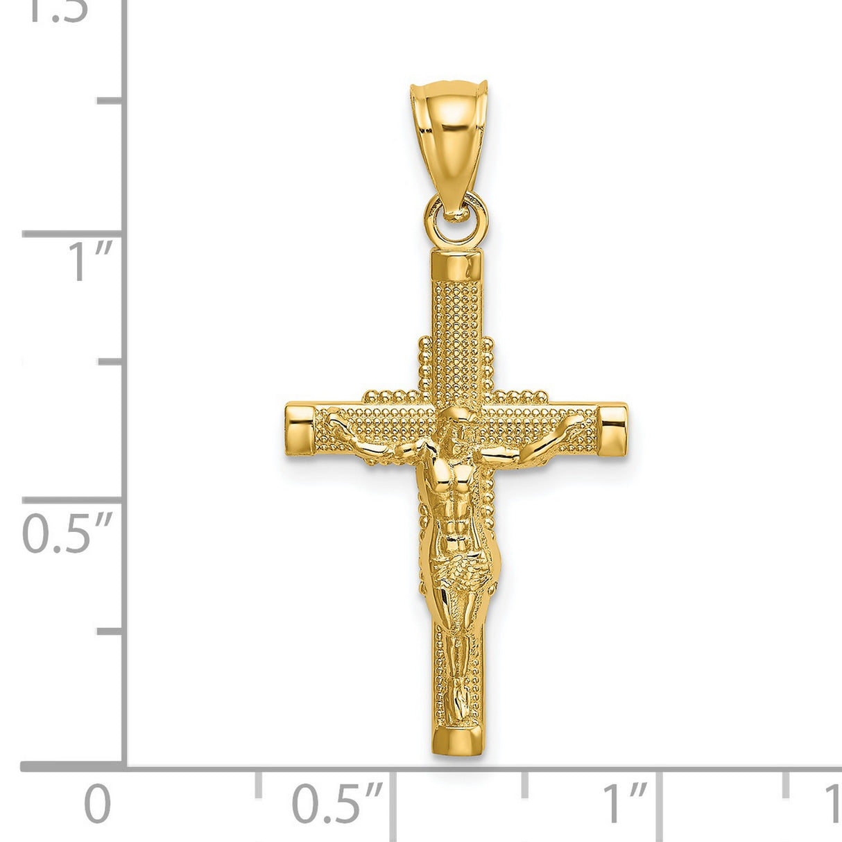 14k Yellow Gold Crucifix Pendant with Beaded Cross and Detailed Jesus Figure