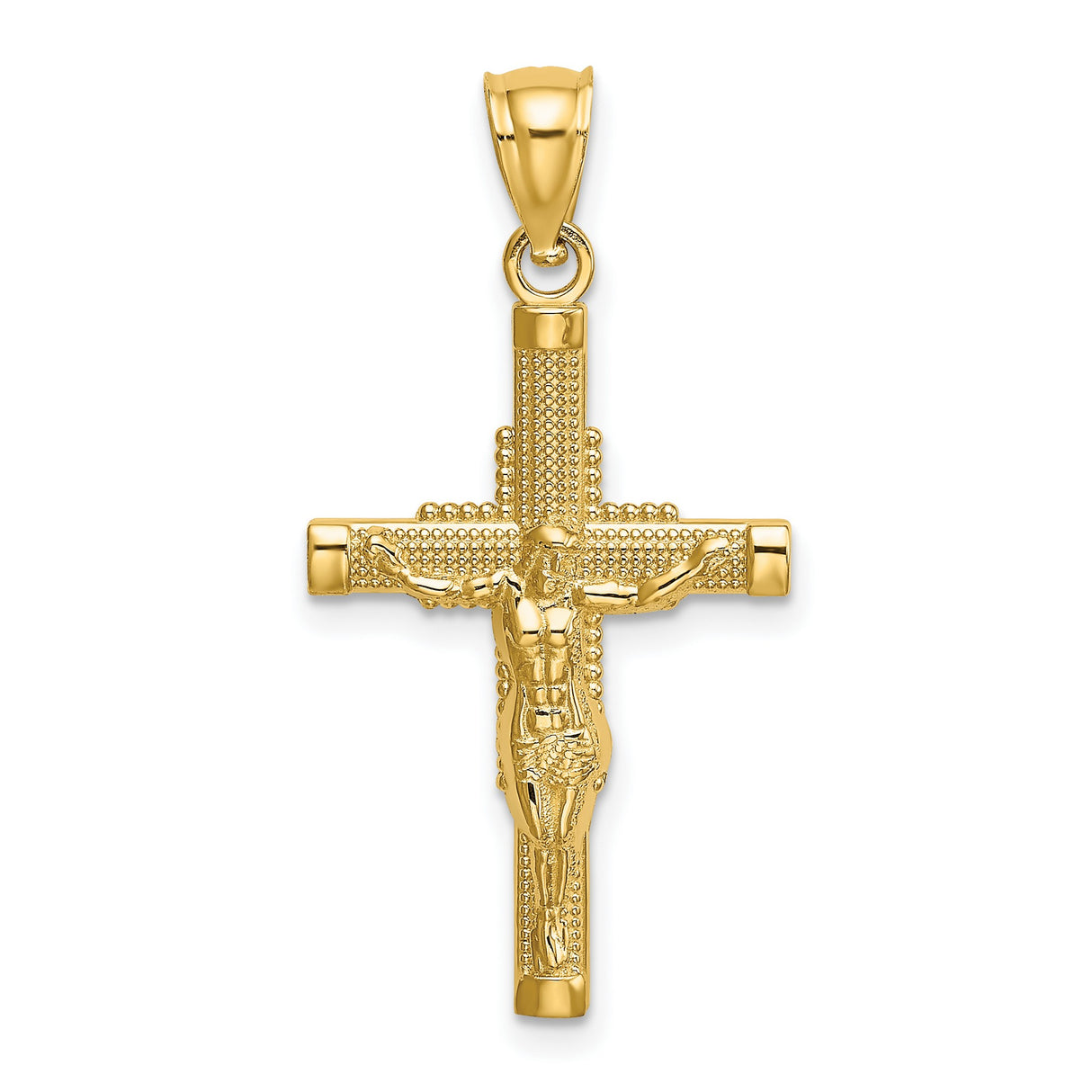 14k Yellow Gold Crucifix Pendant with Beaded Cross and Detailed Jesus Figure