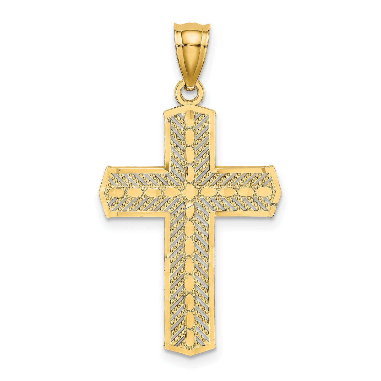 14k Yellow Gold Cross Pendant with Symmetrical Design, Mirror Shine, and Leaf Accents