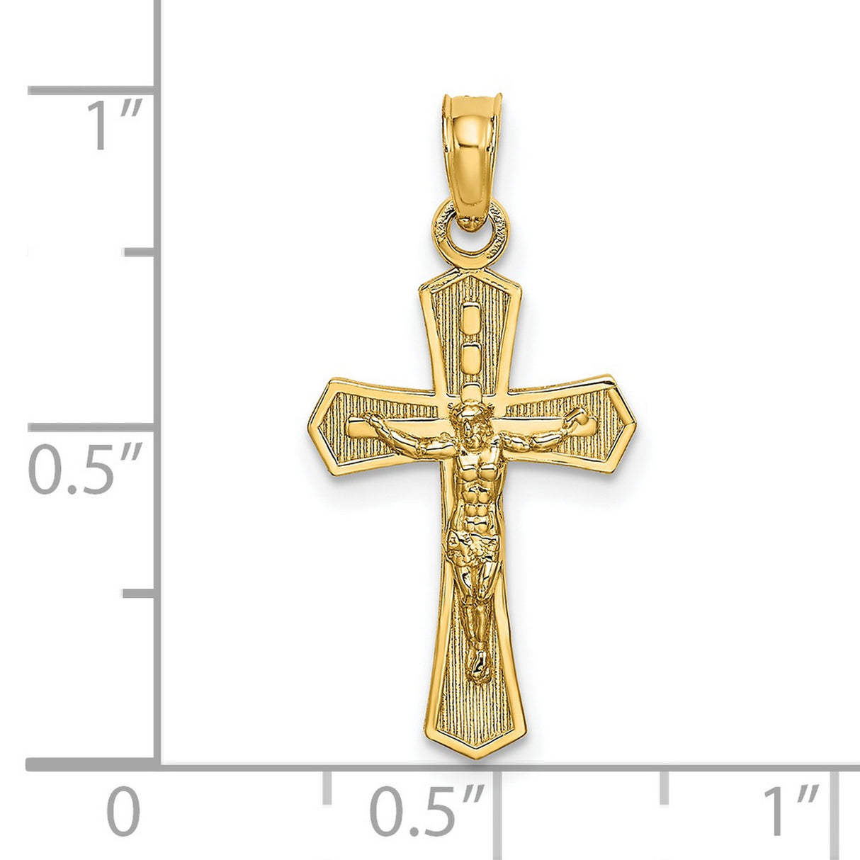 14k Yellow Gold Crucifix Pendant with Jesus, Polished Beveled Edges, Religious Christian Jewelry