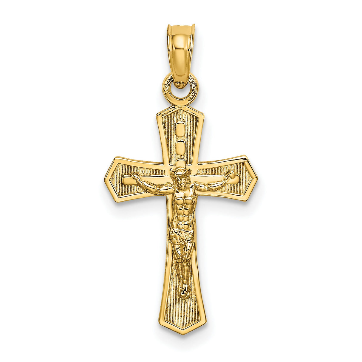 14k Yellow Gold Crucifix Pendant with Jesus, Polished Beveled Edges, Religious Christian Jewelry