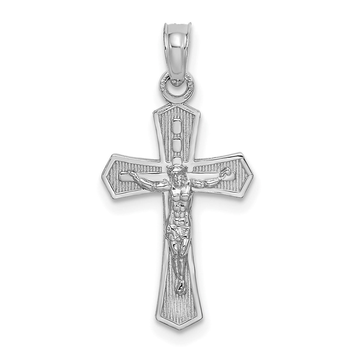 14k White Gold Crucifix Cross Pendant with Beveled Edges High-Polish Christian Jewelry