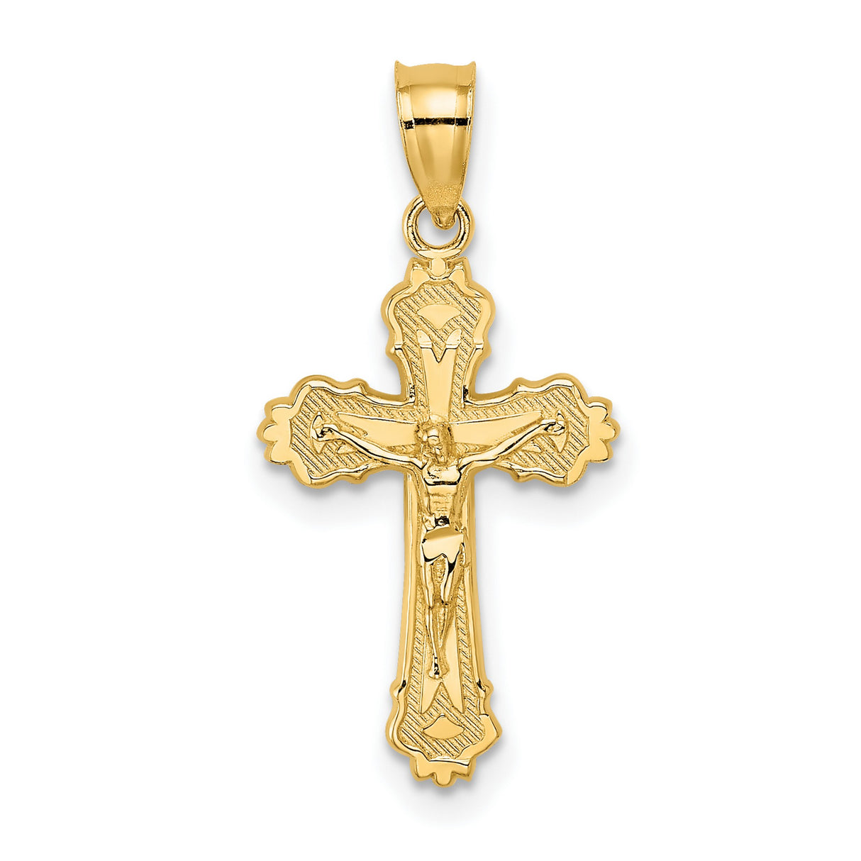 14k Yellow Gold Crucifix Pendant with Textured Cross and Sculpted Jesus Figure