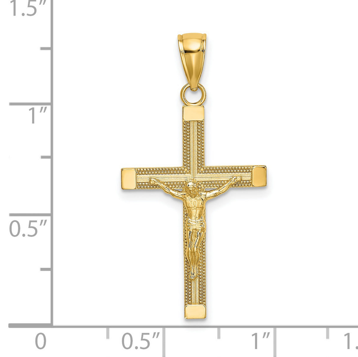 14k Yellow Gold Crucifix Pendant with Raised Jesus and Milgrain Detail