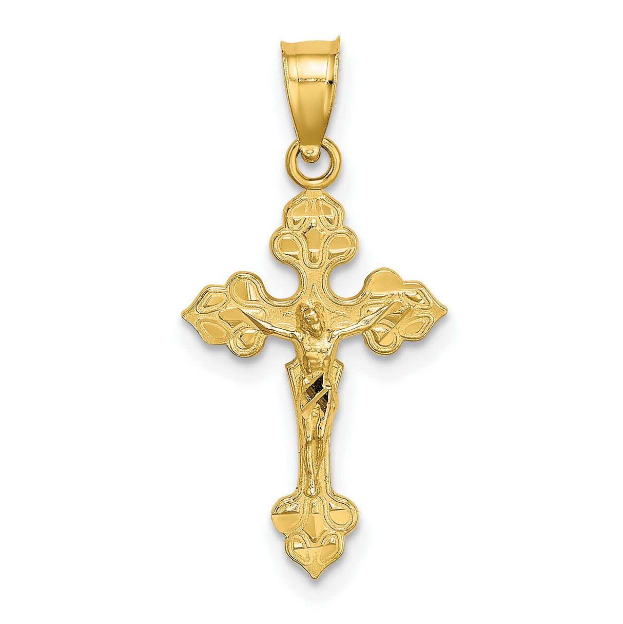 14k Yellow Gold Crucifix Cross Pendant with Three-Dimensional Jesus Figure and Flared Tips