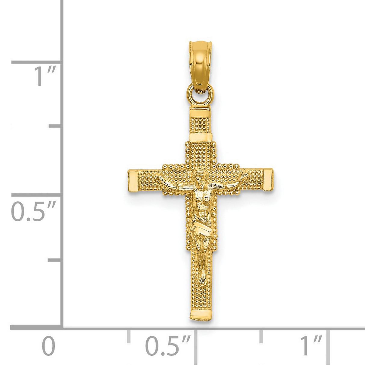 14k Yellow Gold Crucifix Pendant with Textured Cross and Beaded Accents for Men and Women