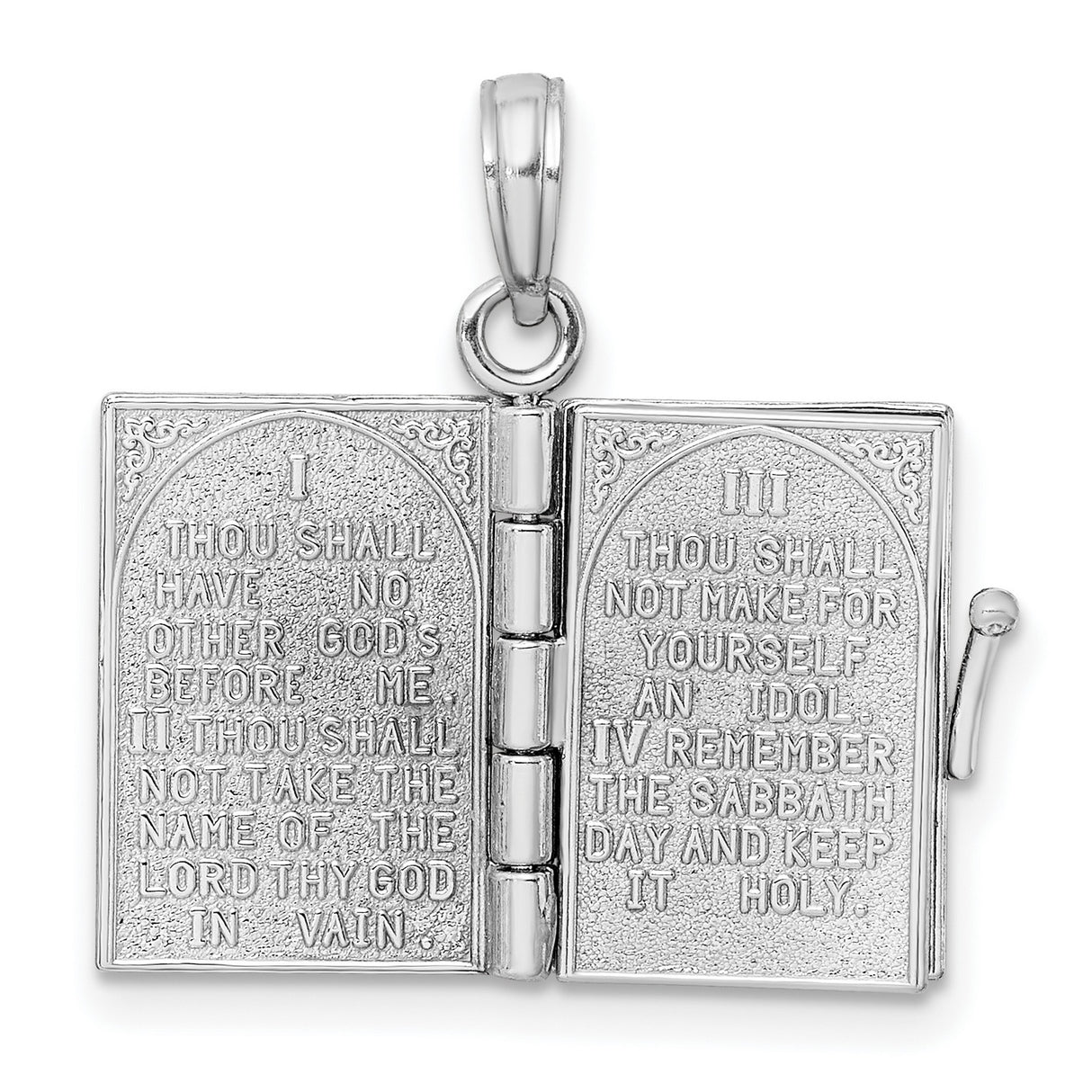 14k White Gold Ten Commandments Book Locket Pendant, Christian Religious Charm for Women